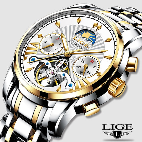 LIGE Official Store Mens Watches Top Brand Luxury Automatic Mechanical Business Clock Gold Watch Men Reloj Mecanico de Hombres