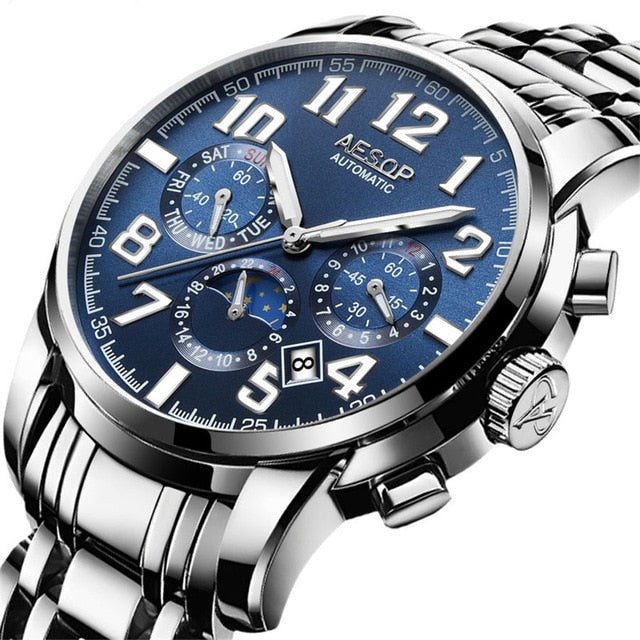 AESOP Luminous Automatic Mechanical Watch Men Luxury Brand Business Waterproof Stainless Steel Male Clock Relogio Masculino 2019