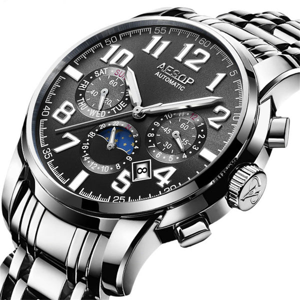 AESOP Luminous Automatic Mechanical Watch Men Luxury Brand Business Waterproof Stainless Steel Male Clock Relogio Masculino 2019