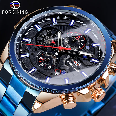 Forsining Creative Full Blue Mechanical Watches Men's Automatic 3 Sub Dial Date Male Sport Business Steel Band Saat Reloj Hombre