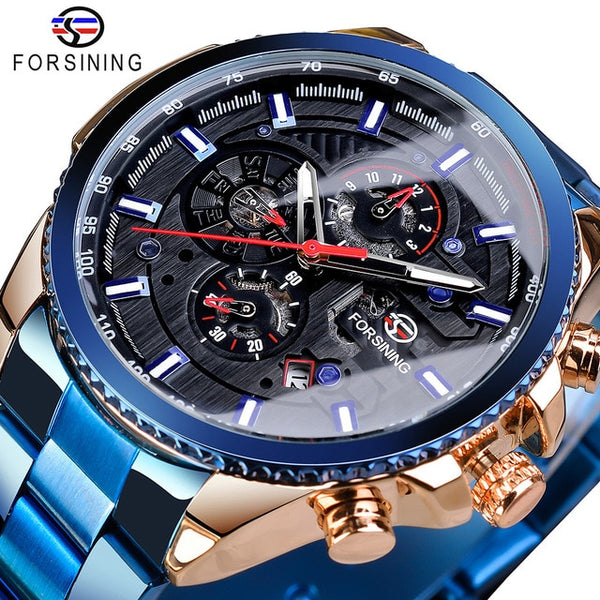 Forsining Creative Full Blue Mechanical Watches Men's Automatic 3 Sub Dial Date Male Sport Business Steel Band Saat Reloj Hombre