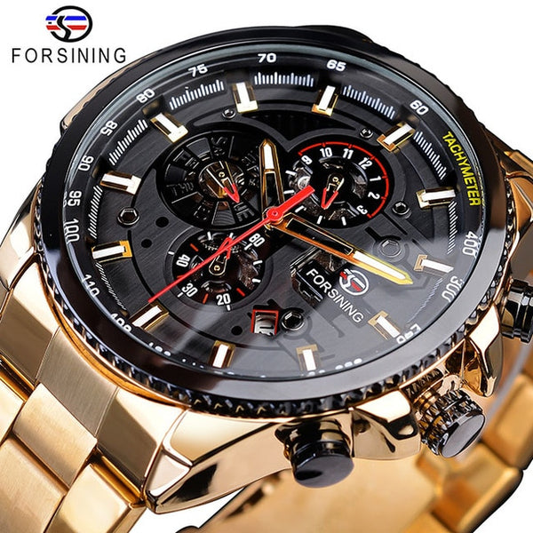 Forsining Creative Full Blue Mechanical Watches Men's Automatic 3 Sub Dial Date Male Sport Business Steel Band Saat Reloj Hombre