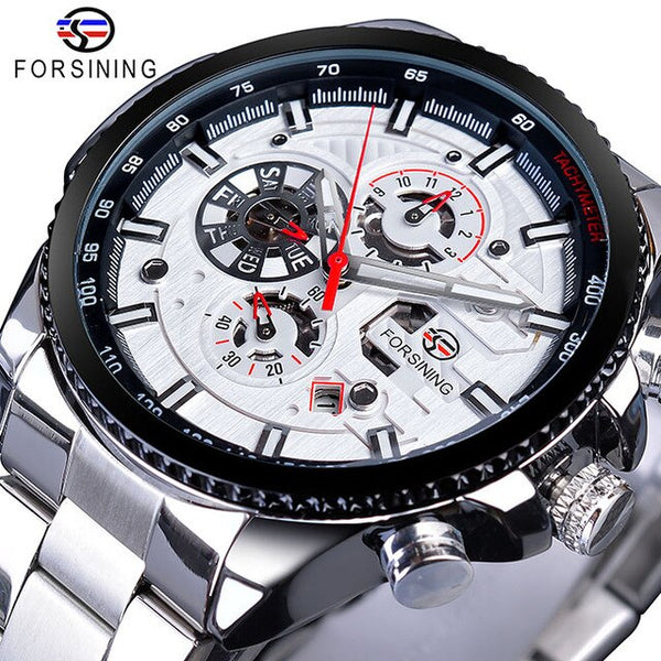 Forsining Creative Full Blue Mechanical Watches Men's Automatic 3 Sub Dial Date Male Sport Business Steel Band Saat Reloj Hombre