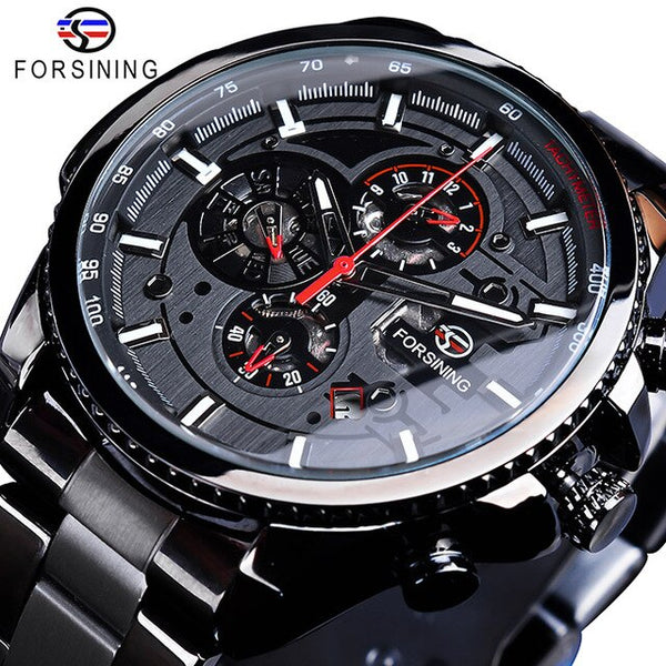 Forsining Creative Full Blue Mechanical Watches Men's Automatic 3 Sub Dial Date Male Sport Business Steel Band Saat Reloj Hombre