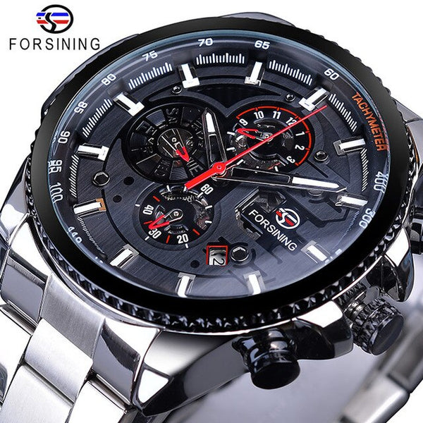 Forsining Creative Full Blue Mechanical Watches Men's Automatic 3 Sub Dial Date Male Sport Business Steel Band Saat Reloj Hombre