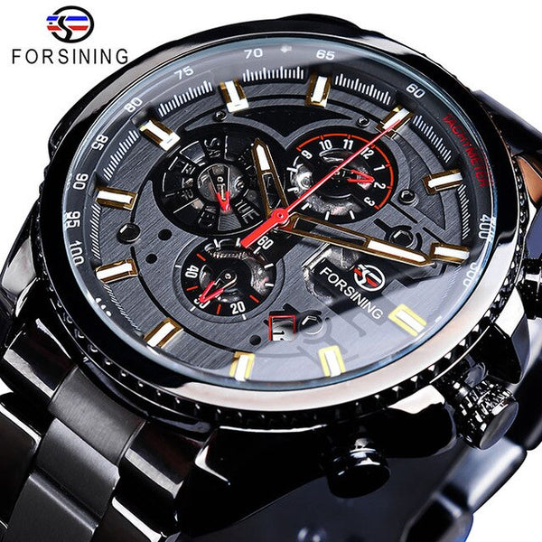 Forsining Creative Full Blue Mechanical Watches Men's Automatic 3 Sub Dial Date Male Sport Business Steel Band Saat Reloj Hombre