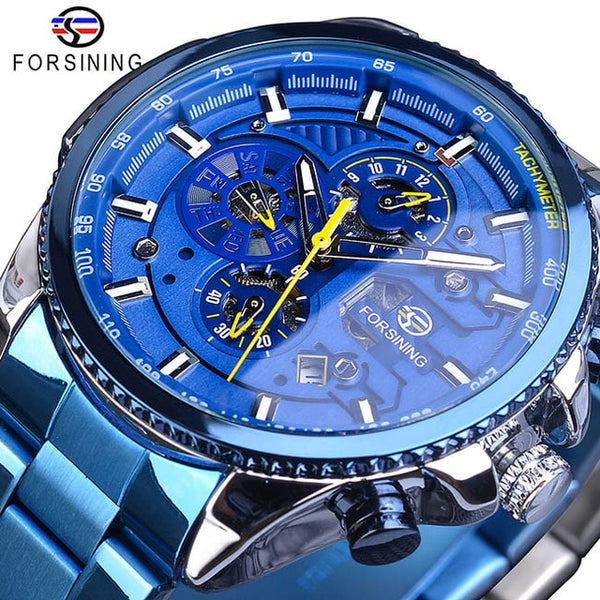 Forsining Creative Full Blue Mechanical Watches Men's Automatic 3 Sub Dial Date Male Sport Business Steel Band Saat Reloj Hombre