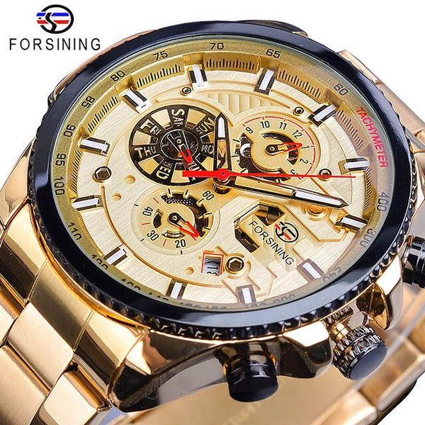 Forsining Creative Full Blue Mechanical Watches Men's Automatic 3 Sub Dial Date Male Sport Business Steel Band Saat Reloj Hombre