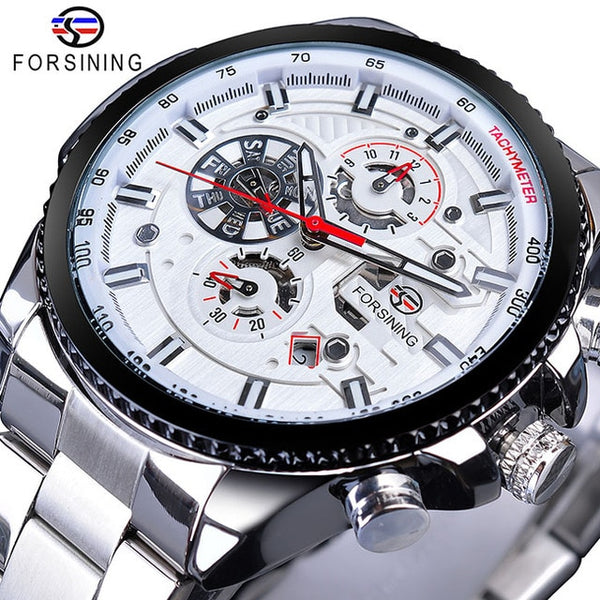 Forsining Creative Full Blue Mechanical Watches Men's Automatic 3 Sub Dial Date Male Sport Business Steel Band Saat Reloj Hombre