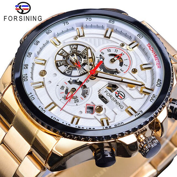 Forsining Creative Full Blue Mechanical Watches Men's Automatic 3 Sub Dial Date Male Sport Business Steel Band Saat Reloj Hombre