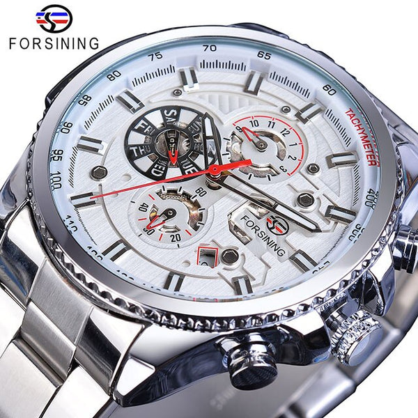 Forsining Creative Full Blue Mechanical Watches Men's Automatic 3 Sub Dial Date Male Sport Business Steel Band Saat Reloj Hombre