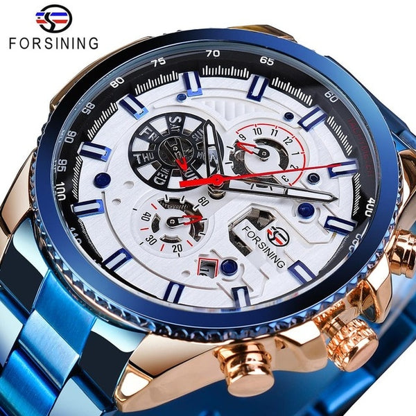 Forsining Creative Full Blue Mechanical Watches Men's Automatic 3 Sub Dial Date Male Sport Business Steel Band Saat Reloj Hombre