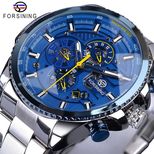 Forsining Creative Full Blue Mechanical Watches Men's Automatic 3 Sub Dial Date Male Sport Business Steel Band Saat Reloj Hombre