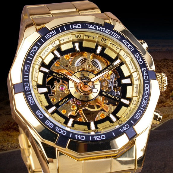 FORSINING Men's  Watch Gold Luxury Waterproof Stainless Skeleton Transparent Mechanical Wristwatch Reloj Automatico Hombre Saati