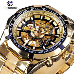 FORSINING Men's  Watch Gold Luxury Waterproof Stainless Skeleton Transparent Mechanical Wristwatch Reloj Automatico Hombre Saati