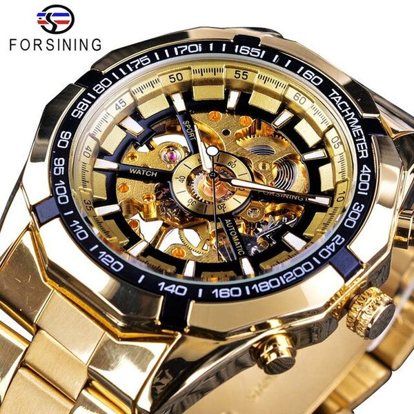 FORSINING Men's  Watch Gold Luxury Waterproof Stainless Skeleton Transparent Mechanical Wristwatch Reloj Automatico Hombre Saati