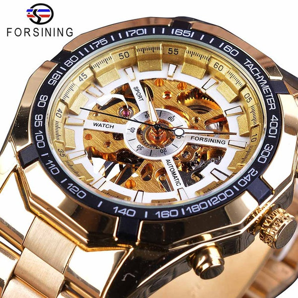 FORSINING Men's  Watch Gold Luxury Waterproof Stainless Skeleton Transparent Mechanical Wristwatch Reloj Automatico Hombre Saati