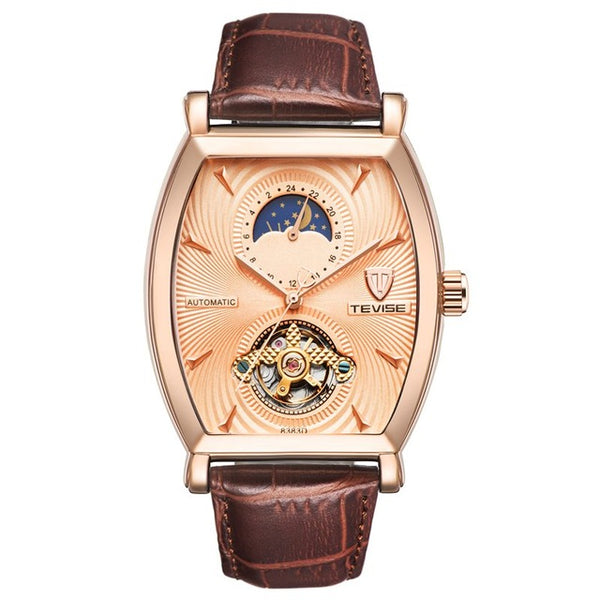 TEVISE Waterproof Automatic 8383D Mechanical Men Watches Moon Phase Genuine Watch Leather Self-Winding Man Casual Wristwatch