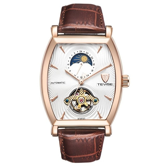 TEVISE Waterproof Automatic 8383D Mechanical Men Watches Moon Phase Genuine Watch Leather Self-Winding Man Casual Wristwatch