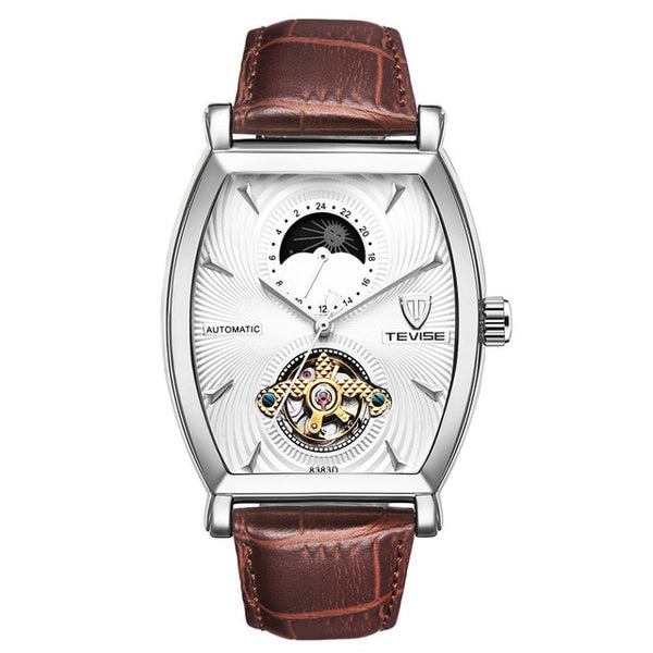 TEVISE Waterproof Automatic 8383D Mechanical Men Watches Moon Phase Genuine Watch Leather Self-Winding Man Casual Wristwatch