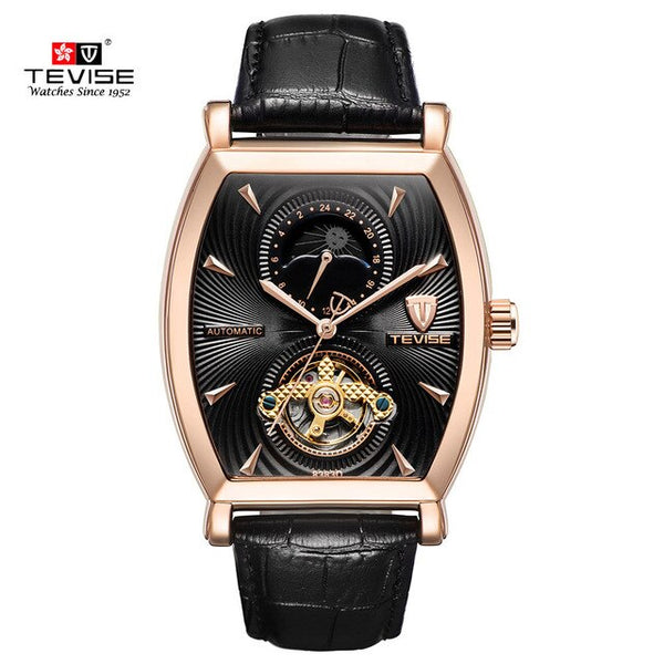 TEVISE Waterproof Automatic 8383D Mechanical Men Watches Moon Phase Genuine Watch Leather Self-Winding Man Casual Wristwatch