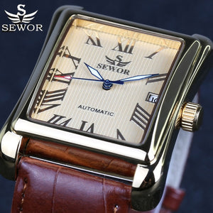 New SEWOR Top Brand Luxury Rectangular Men Watches Automatic Mechanical Watch Roman Display Antique Clock Relogio Wrist Watch