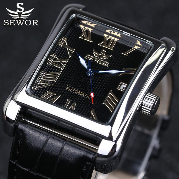 New SEWOR Top Brand Luxury Rectangular Men Watches Automatic Mechanical Watch Roman Display Antique Clock Relogio Wrist Watch