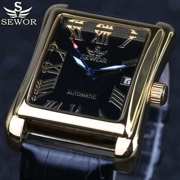 New SEWOR Top Brand Luxury Rectangular Men Watches Automatic Mechanical Watch Roman Display Antique Clock Relogio Wrist Watch